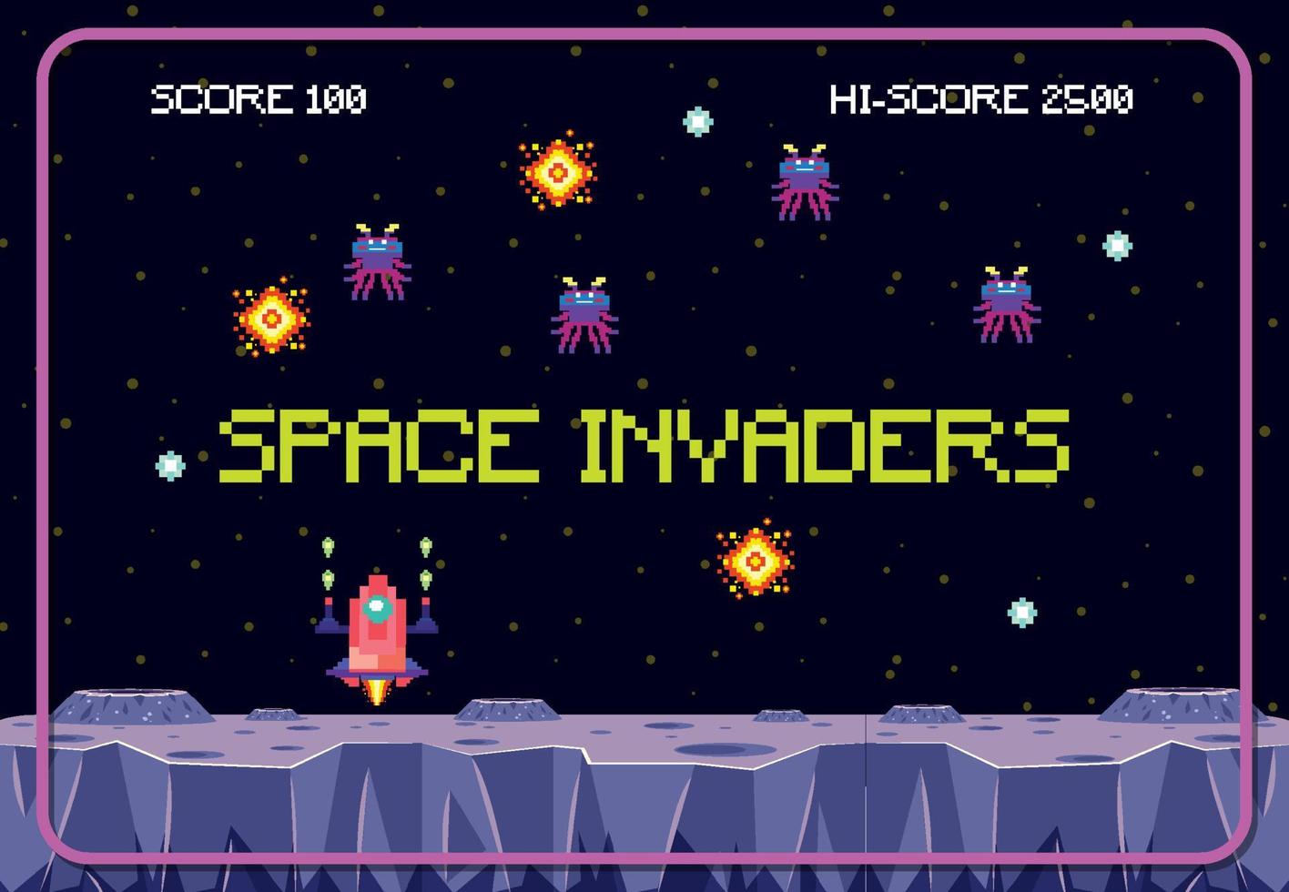 Tela de jogo de arcade retro com invasores de pixel e nave