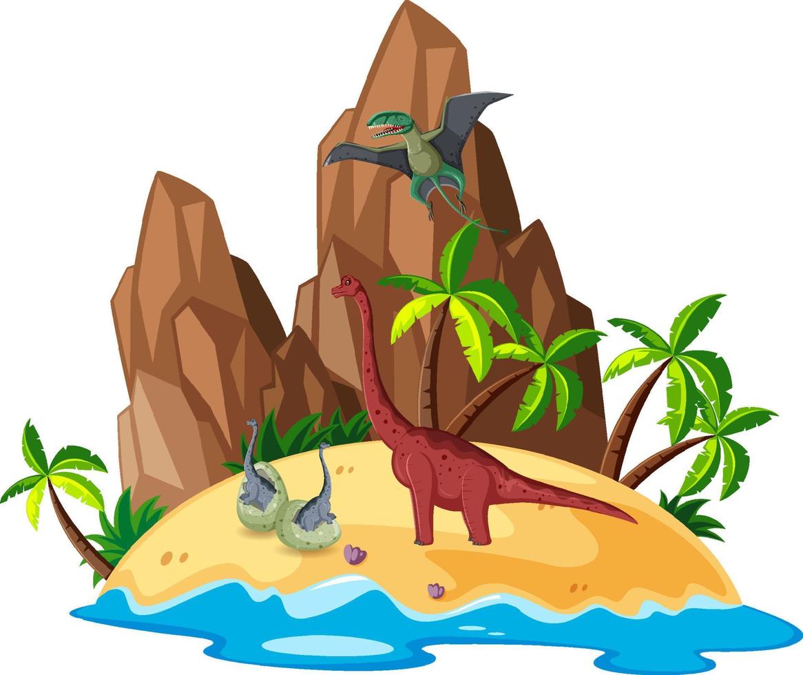 cena com braquiossauro na ilha vetor