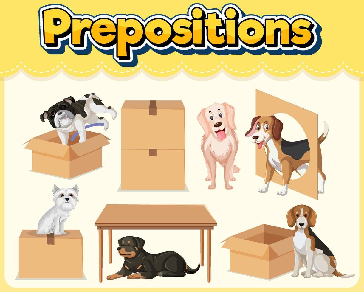 design de cartão de palavras de preposição com cachorro e caixas vetor