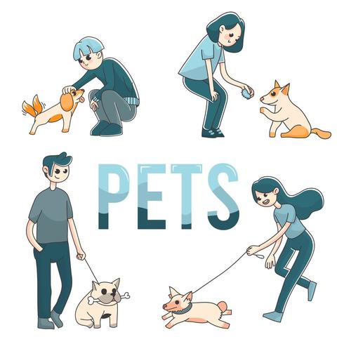 4 pessoas com cães bonitos ilustração vetor
