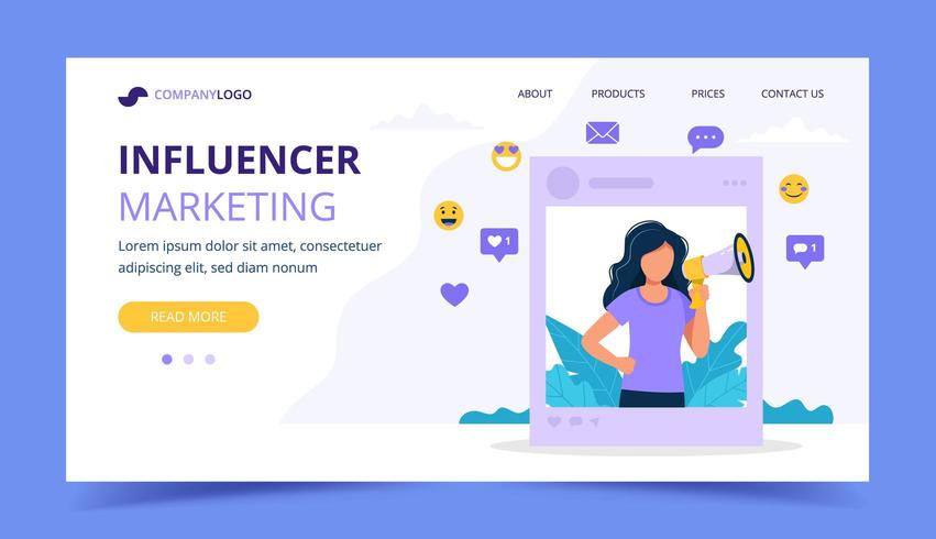 Influenciador marketing landing page com mulher segurando o megafone vetor