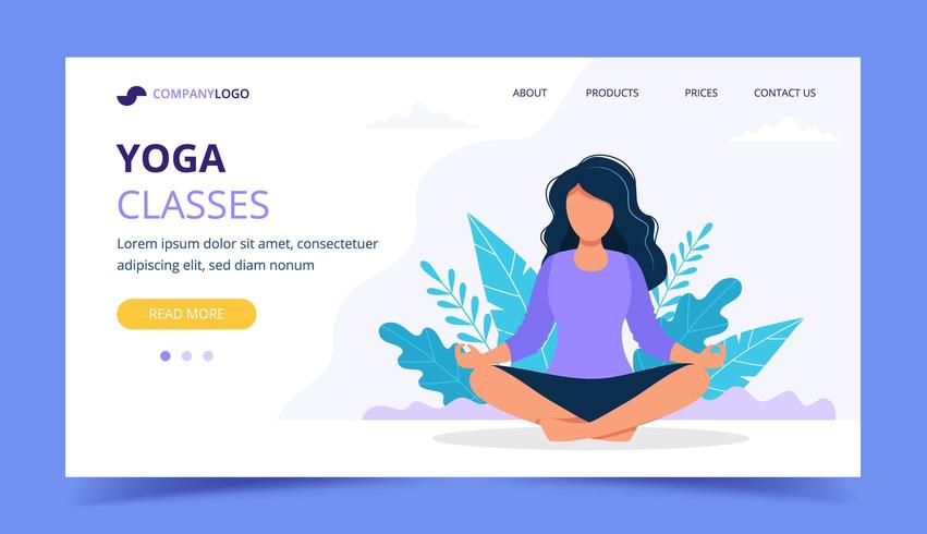 Mulher fazendo yoga landing page vetor