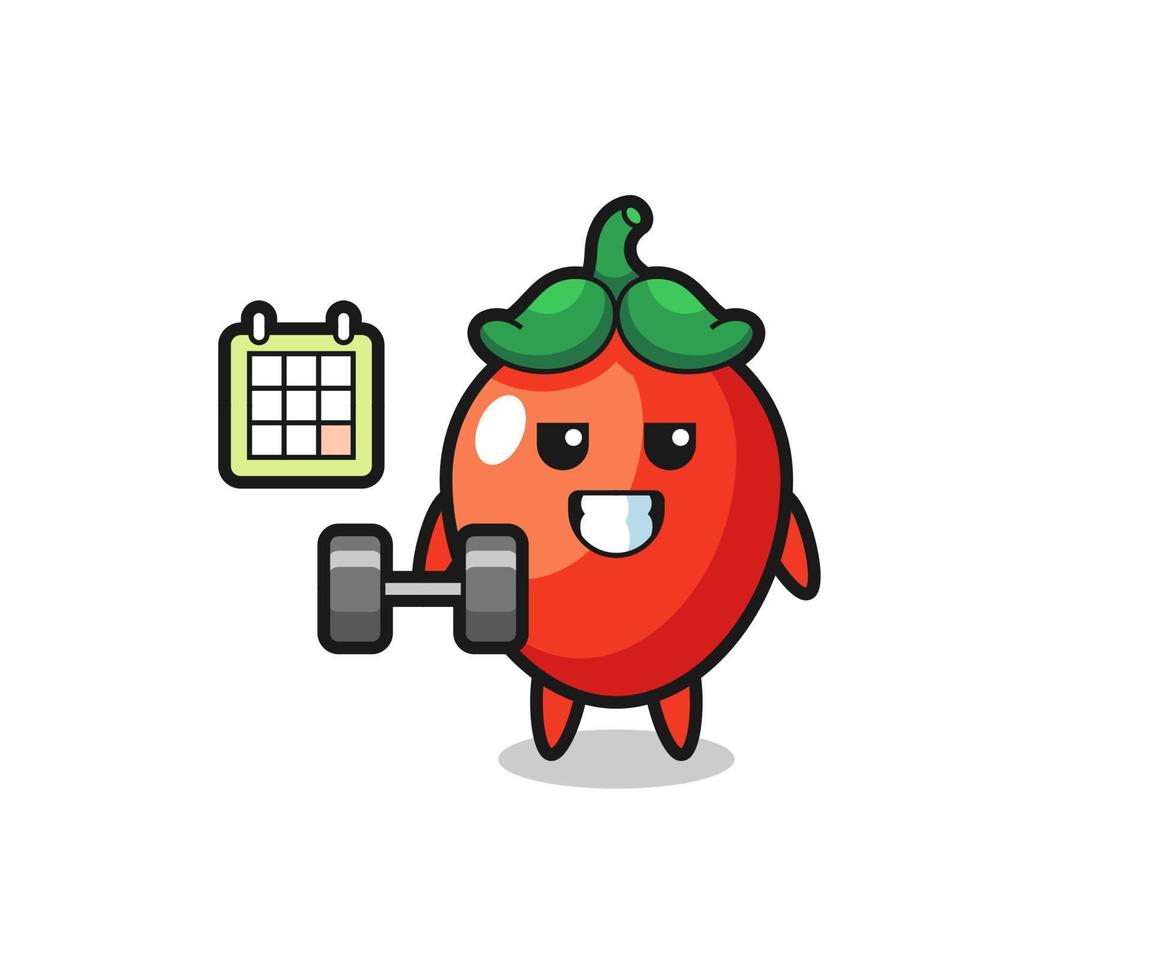 desenho de mascote de pimenta fazendo fitness com haltere vetor