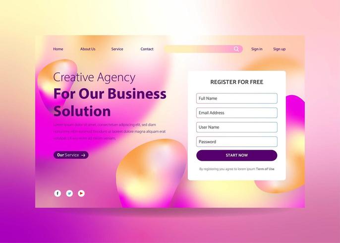 Preencher formulário Design da página de destino com efeito líquido gradiente vetor