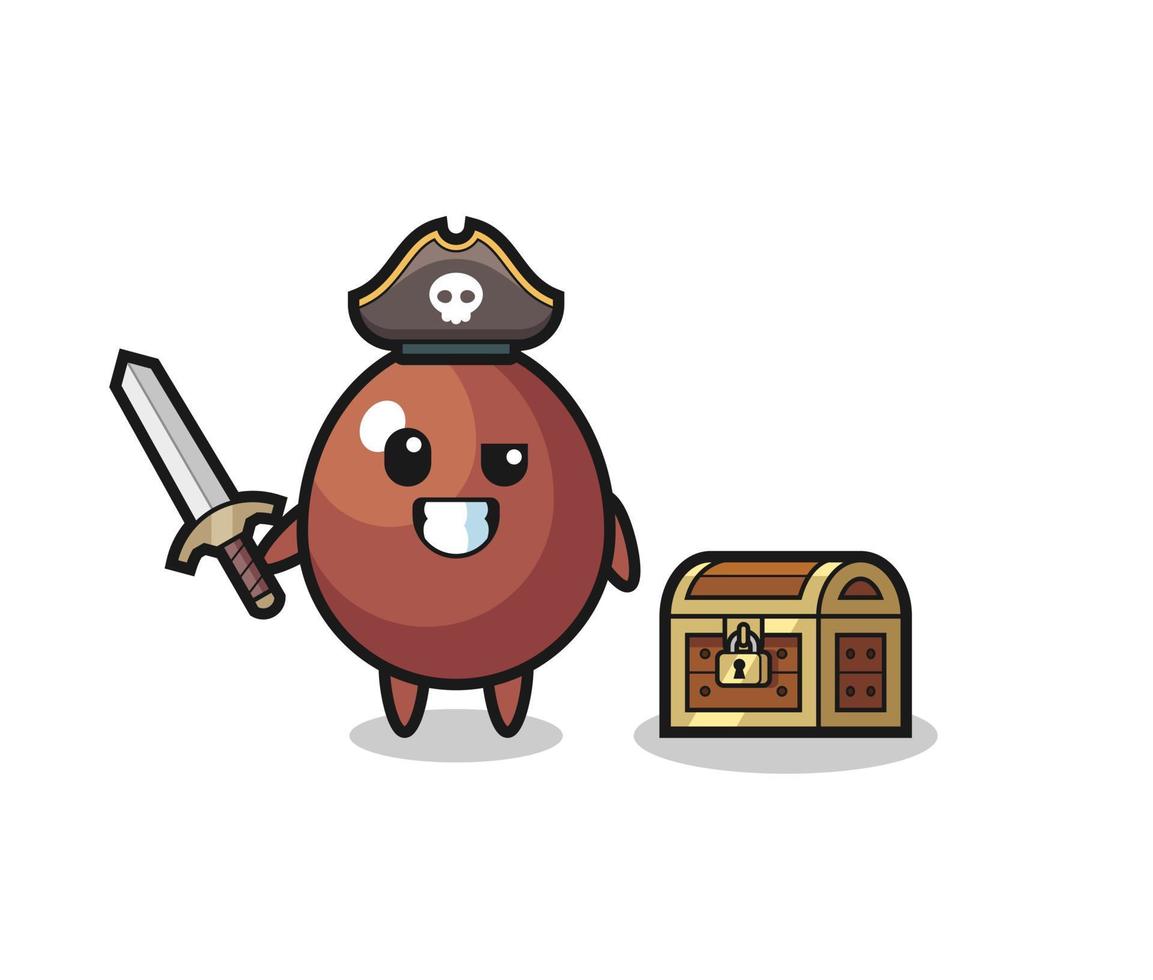 o personagem pirata de ovo de chocolate segurando a espada ao lado de uma caixa de tesouro vetor