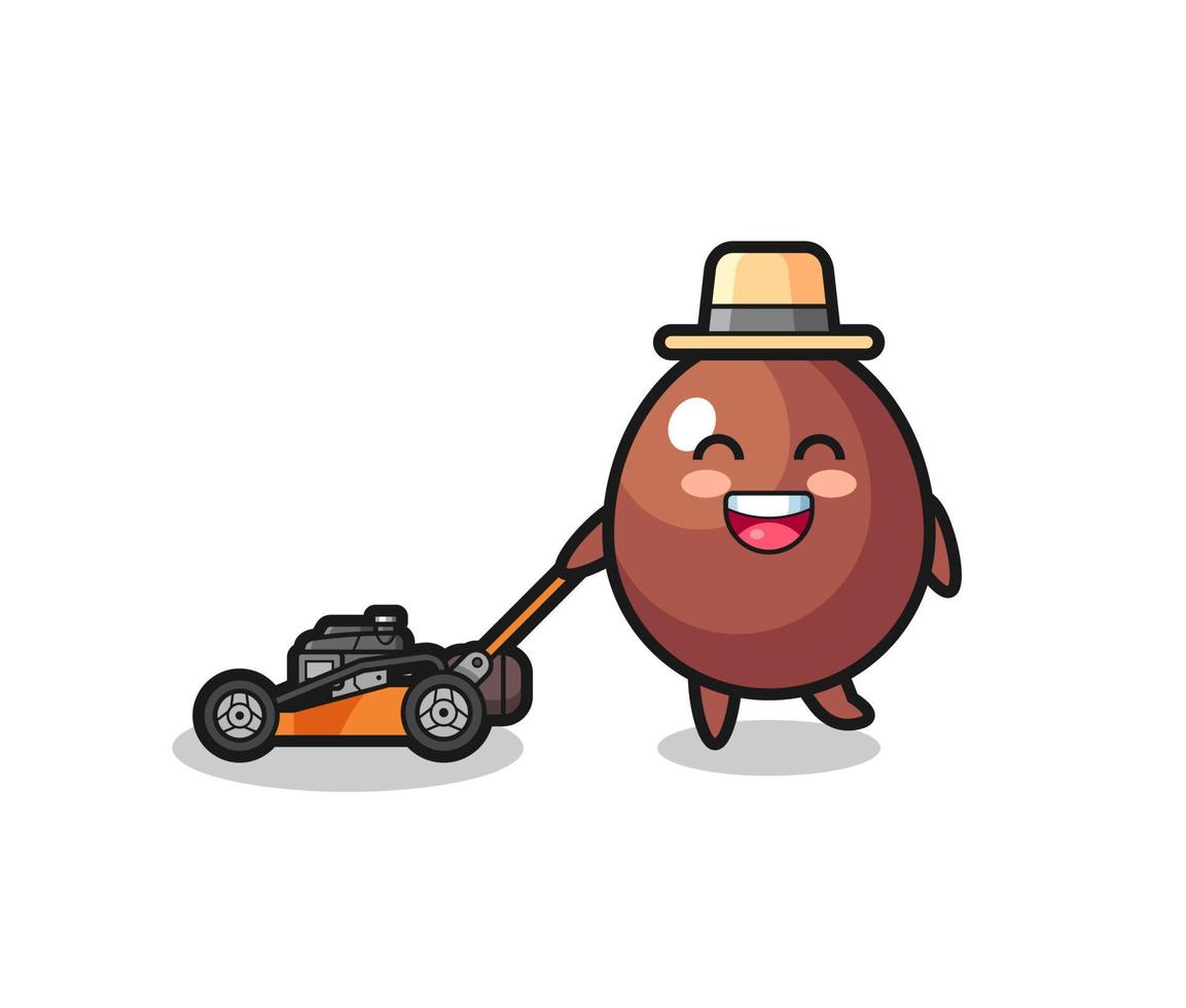 ilustração do personagem de ovo de chocolate usando cortador de grama vetor