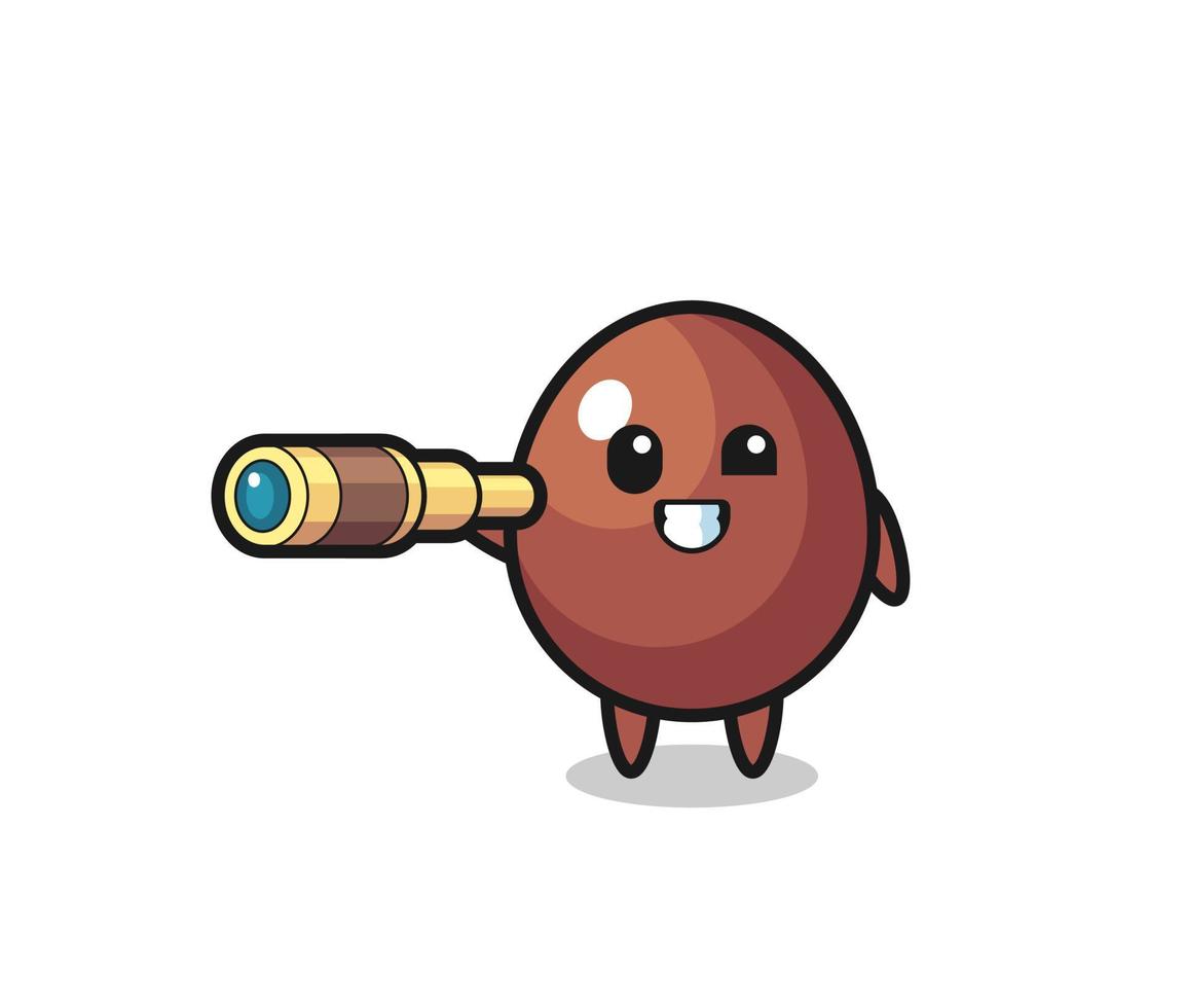 personagem de ovo de chocolate fofo está segurando um telescópio antigo vetor