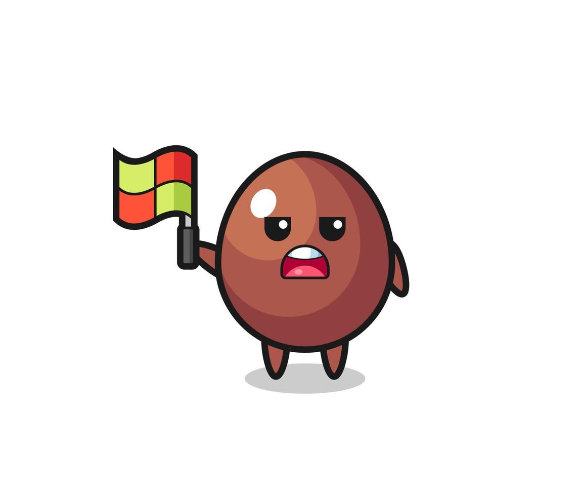 personagem de ovo de chocolate como juiz de linha colocando a bandeira vetor