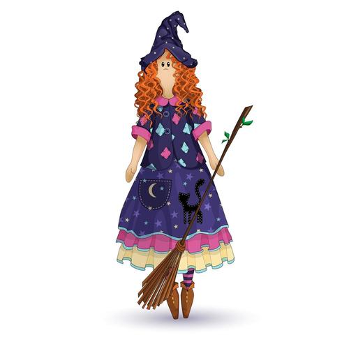 Boneca de pano escandinava nacional em forma de bruxa de cozinha com cabelo ruivo cacheado vetor