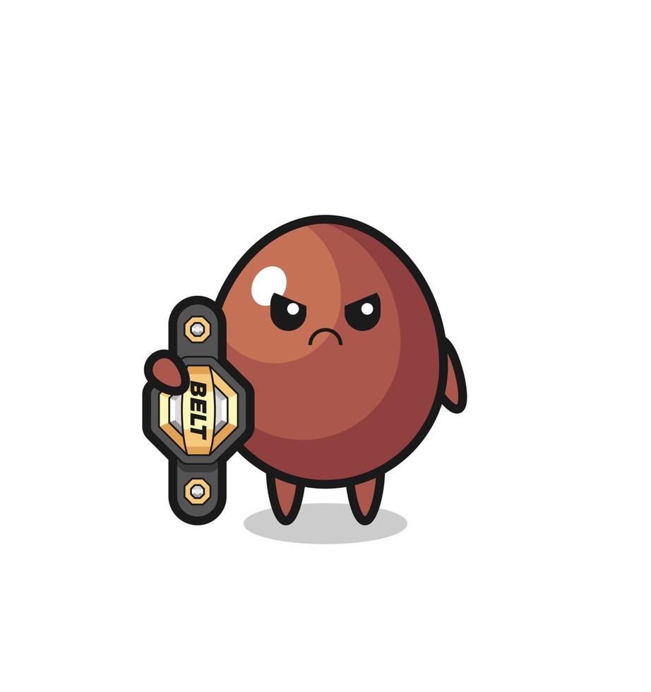 personagem de mascote de ovo de chocolate como lutador de mma com o cinturão de campeão vetor