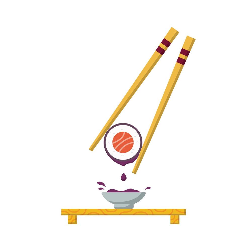 sushi e molho de soja com ilustração plana de pauzinho. elemento de design de ícone limpo em fundo branco isolado vetor