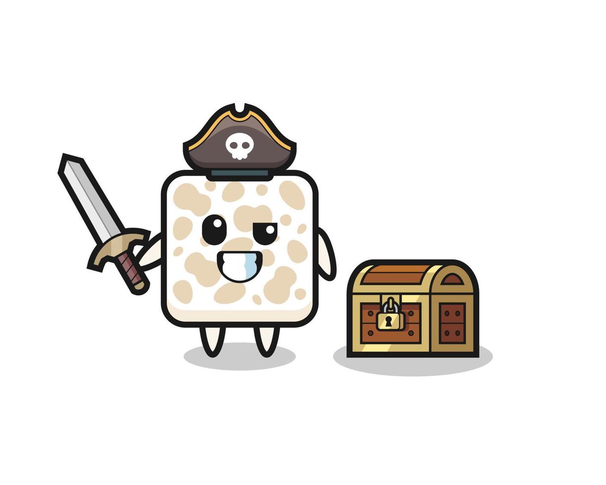 o personagem pirata tempeh segurando a espada ao lado de uma caixa de tesouro vetor