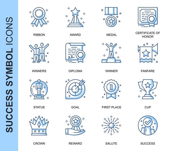 Conjunto de ícones relacionados ao sucesso da linha fina azul vetor