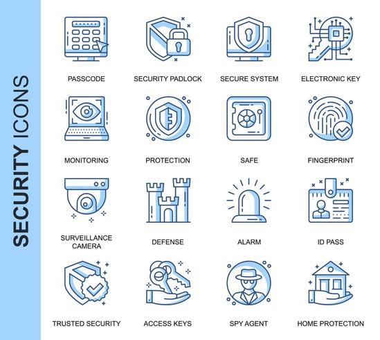 Conjunto de ícones relacionados à segurança de linha fina azul vetor