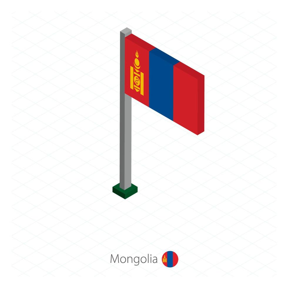 bandeira da mongólia no mastro da bandeira em dimensão isométrica. vetor
