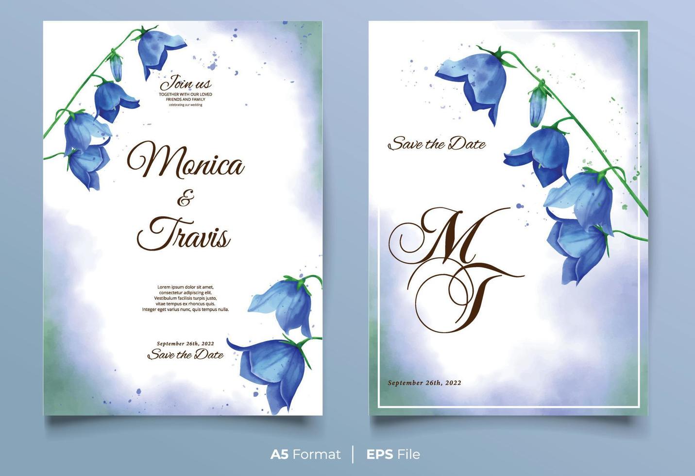 convite de casamento aquarela com flor azul vetor