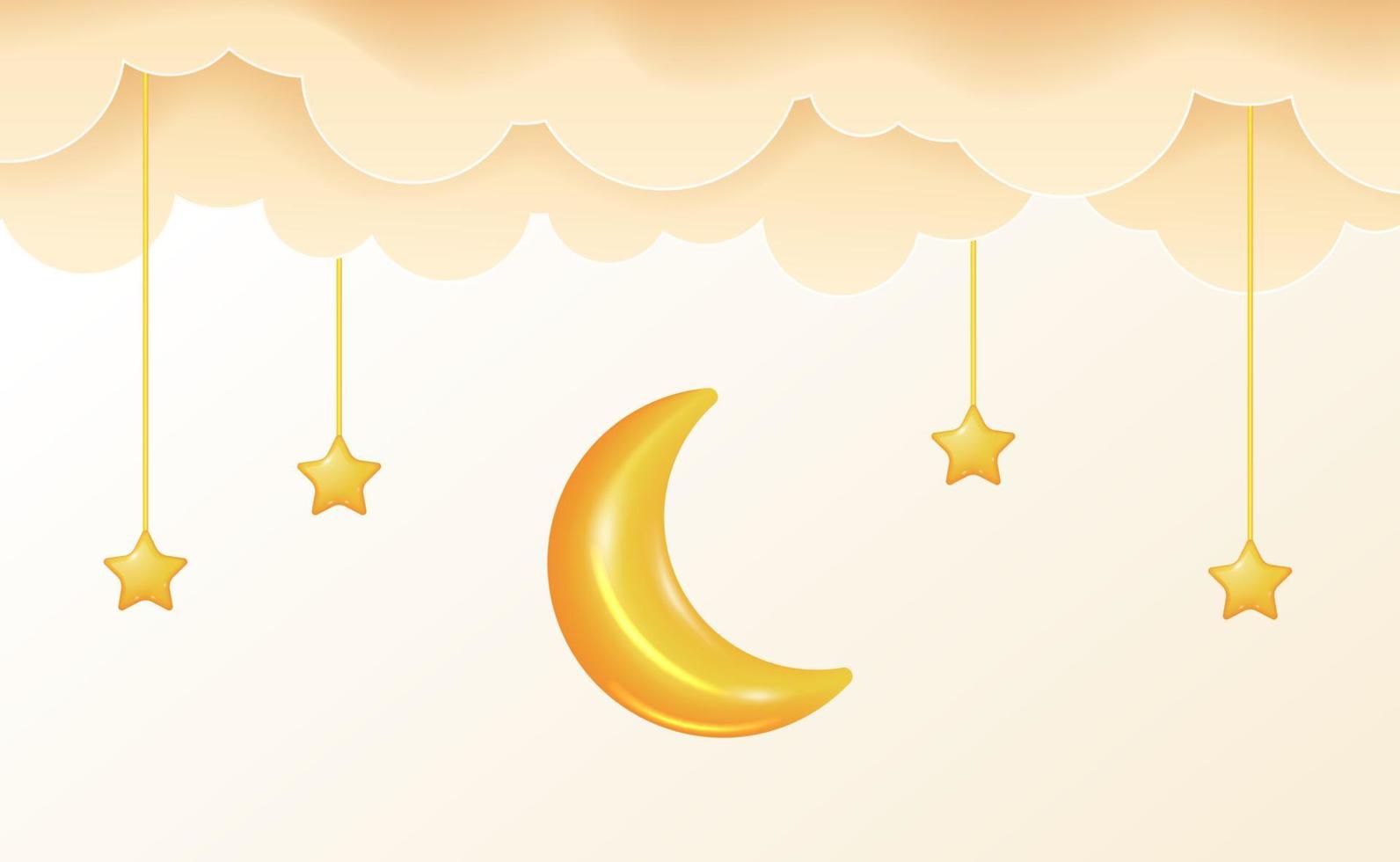 doce sonho canção de ninar 3d amarelo lua e estrela com nuvem. boa noite conceito de ilustração de chá de bebê. vetor