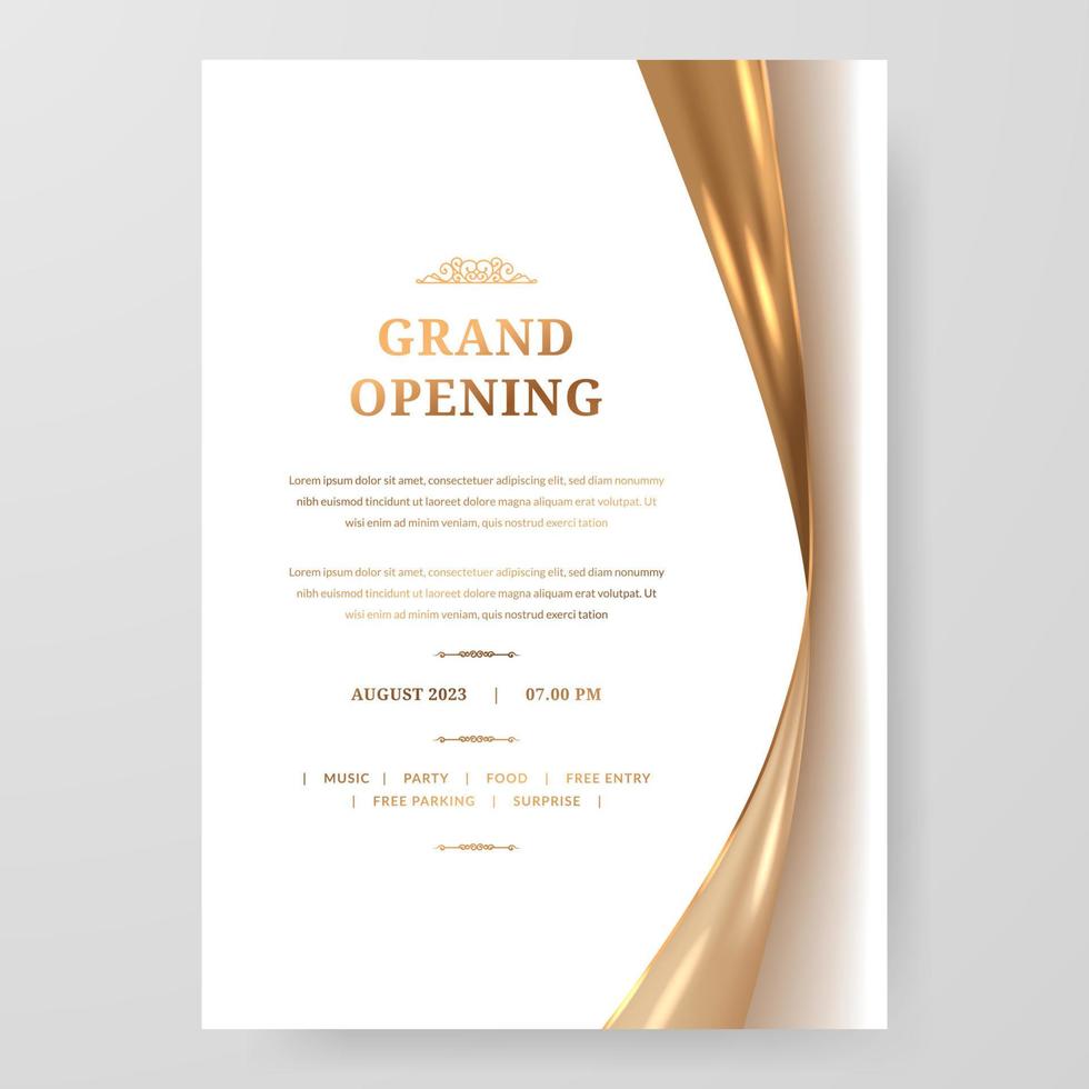 modelo de cartaz de inauguração elegante de luxo com elemento de tecido de cetim dourado brilhante vetor