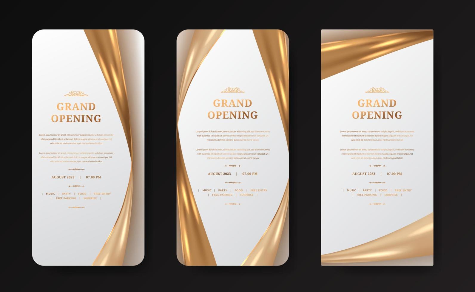 histórias de mídia social para anúncio de layout de inauguração com decoração de seda de cetim dourado brilhante brilhante vetor
