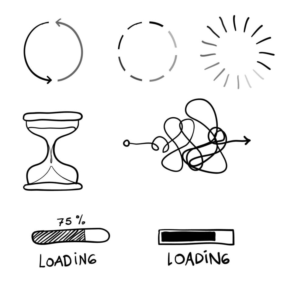 barra de carregamento de progresso, conjunto de ícones. símbolo de carga com estilo doodle desenhado à mão vetor