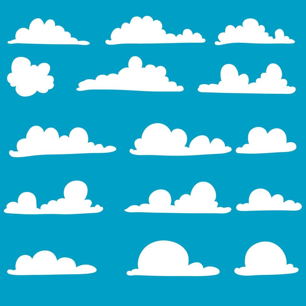 nuvem. conjunto abstrato branco nublado isolado sobre fundo azul. ilustração vetorial. com estilo doodle desenhado à mão vetor