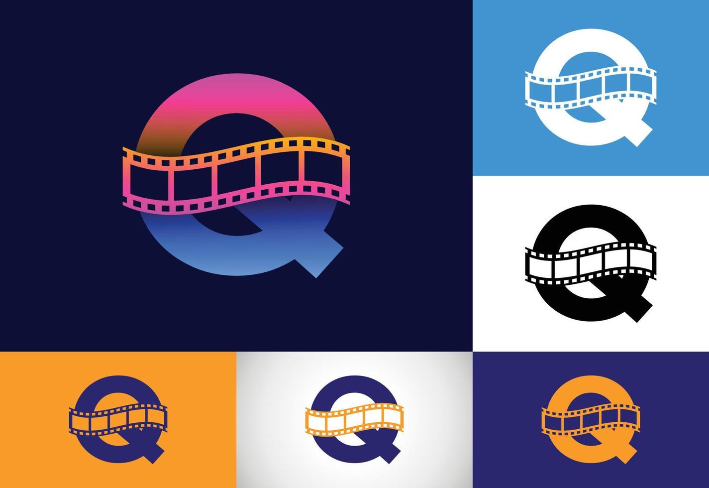 alfabeto do monograma inicial q incorporado com carretel de filme. conceito de logotipo de vídeo e filme. emblema da fonte. logotipo para o negócio de entretenimento e identidade da empresa vetor