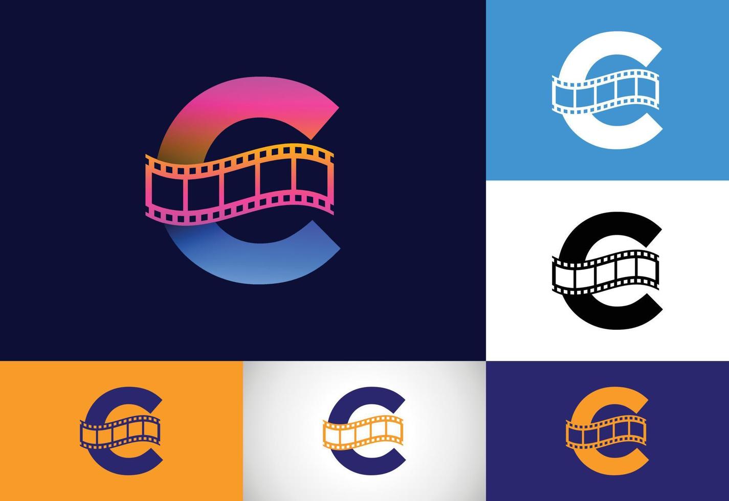 alfabeto do monograma inicial c incorporado com carretel de filme. conceito de logotipo de vídeo e filme. emblema da fonte. logotipo para o negócio de entretenimento e identidade da empresa vetor