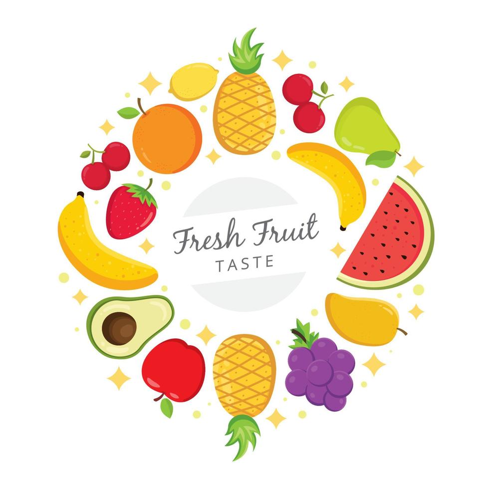 fundo de sabor de frutas frescas, frutas coloridas frescas dispostas em círculo. ilustração vetorial vetor