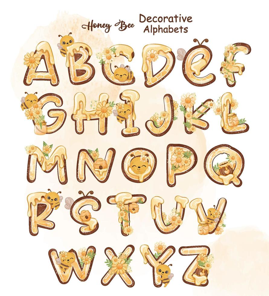 alfabetos decorativos bonitos de abelha e flores vetor