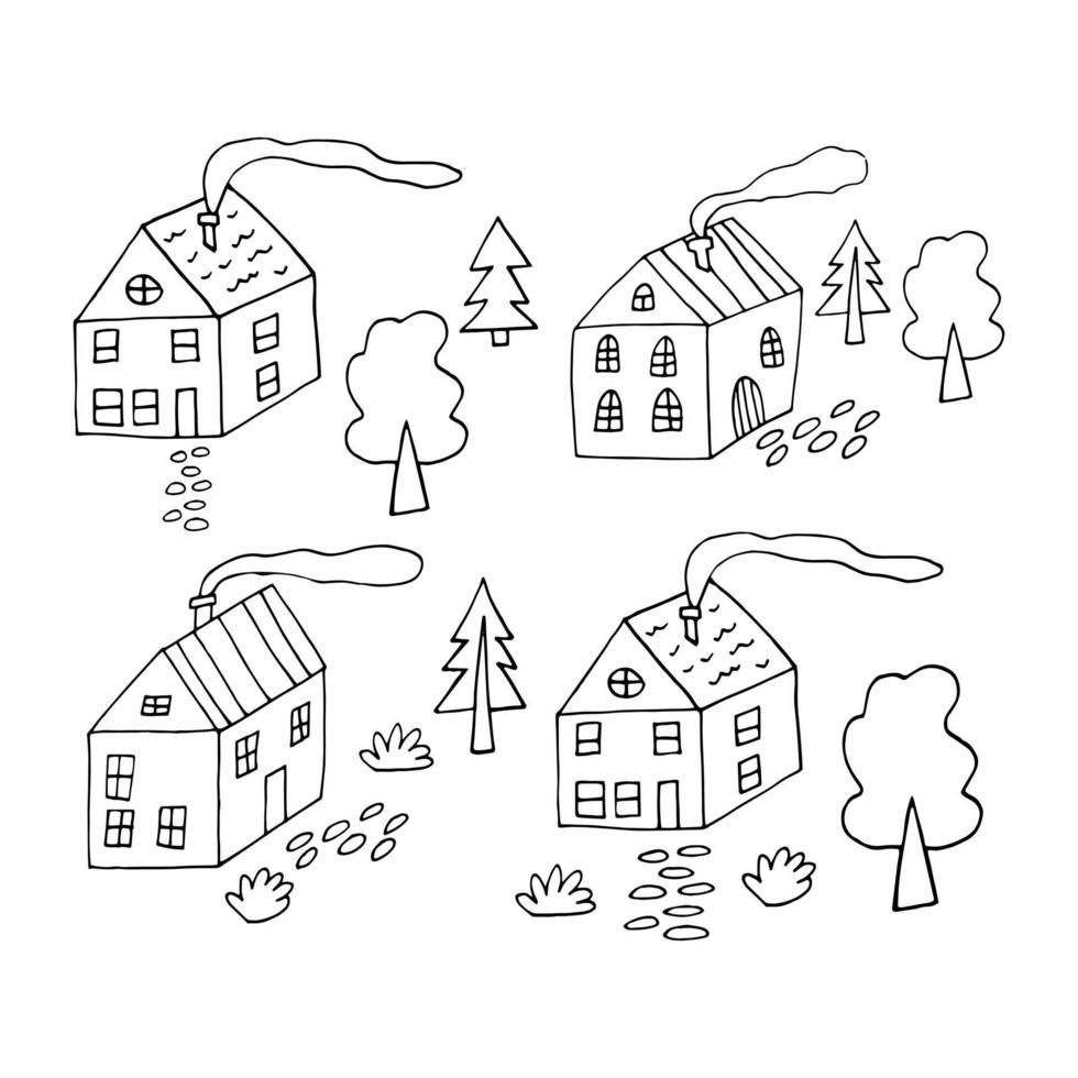 casas e árvores definidas. ilustração de rua da cidade desenhada à mão no estilo de arte de linha doodle vetor