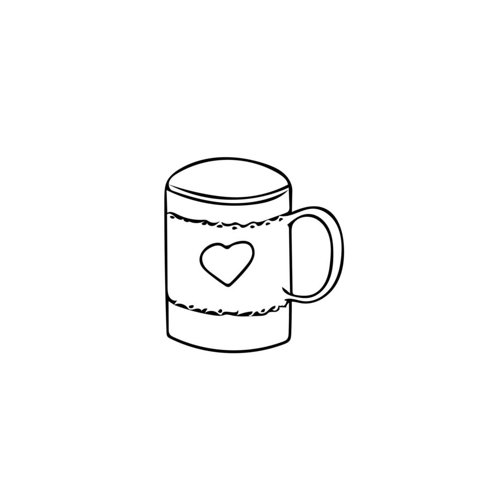 caneca com coração na mão desenhada estilo. bebida quente chá café estilo doodle escandinavo. hygge, ícone, cartão postal, decoração de menu, aconchegante, cozinha, café vetor