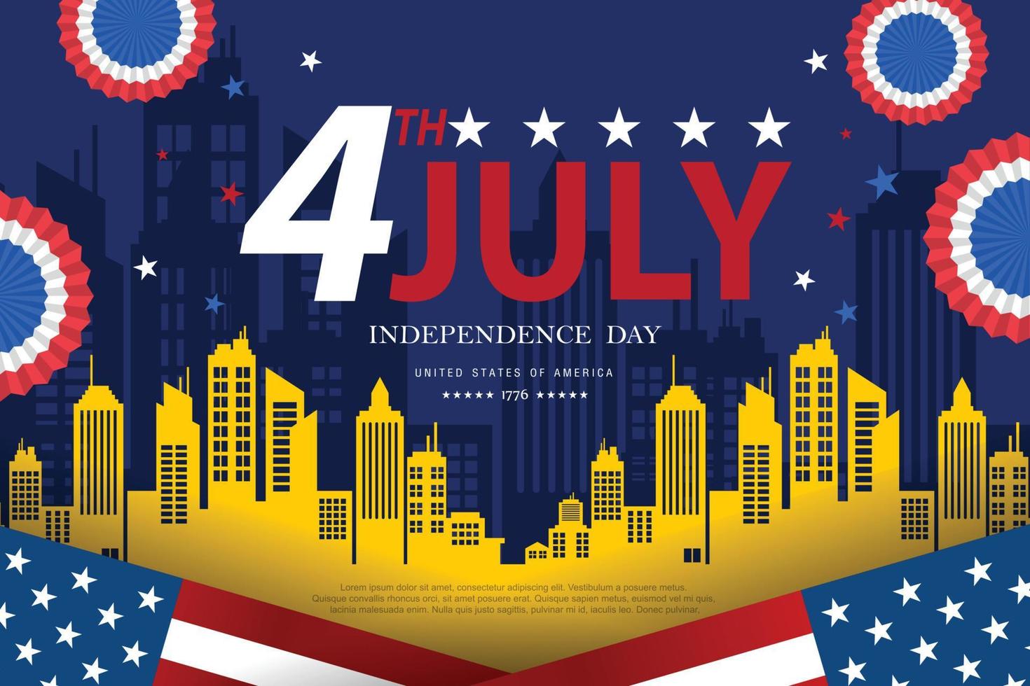 Estados Unidos da América feliz dia da independência cartão, banner, ilustração vetorial horizontal. feriado eua 4 de julho elemento de design com bandeira americana. vetor