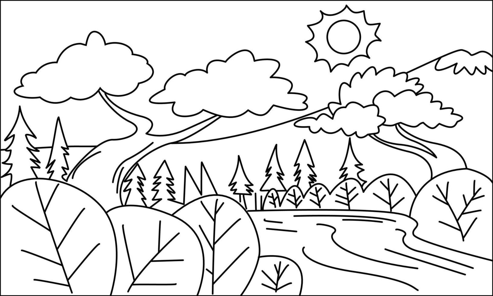 ilustração de paisagem de rio e montanha. adequado para crianças livro de colorir. vetor