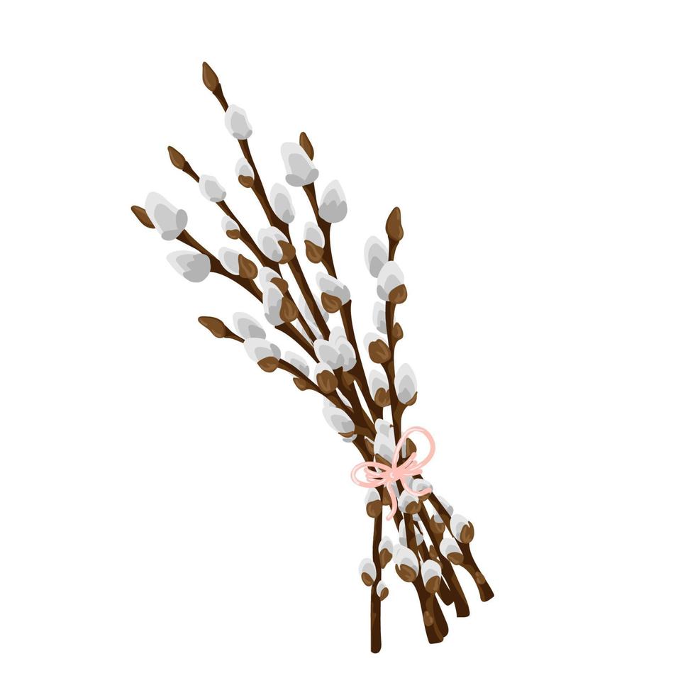 buquê de páscoa de galhos de primavera flor de páscoa salgueiro com um arco. ilustração vetorial de férias de primavera em estilo simples de desenho animado isolado em um fundo branco. vetor
