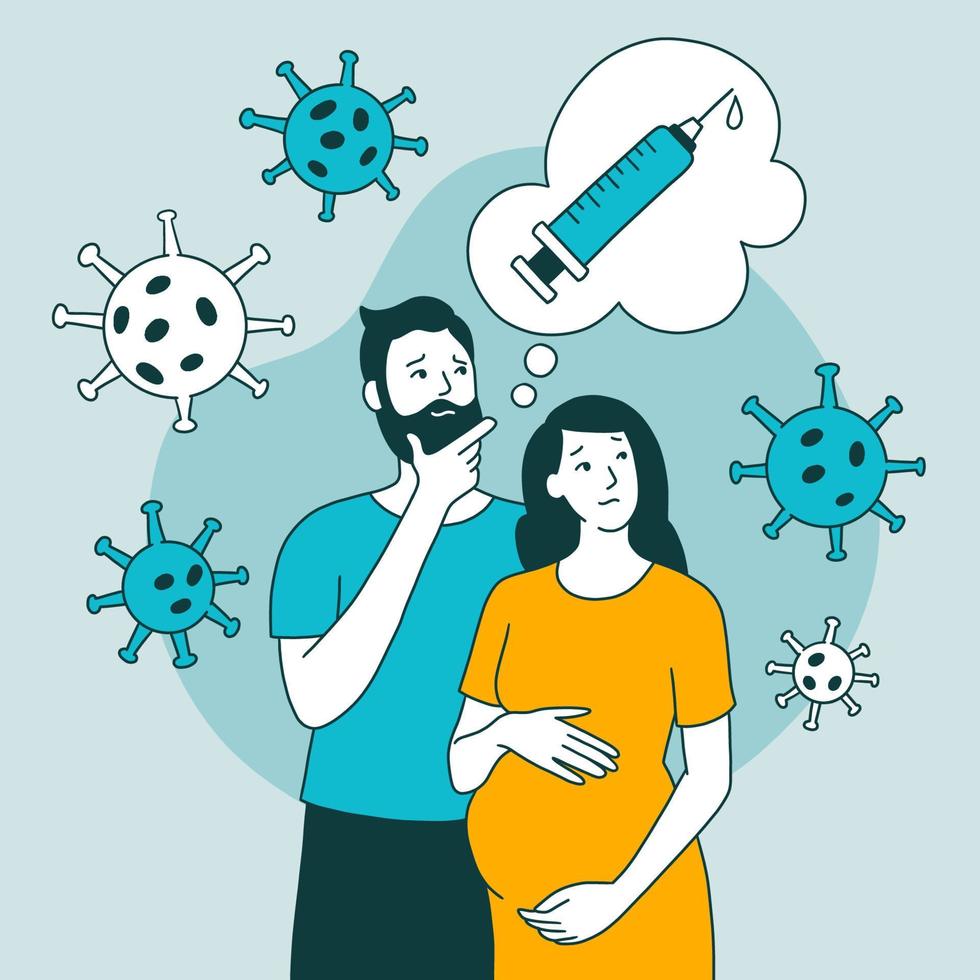 uma mulher grávida e um homem estão pensando em vacinação. dúvidas sobre a injeção. o efeito da droga na gravidez. ilustração vetorial em estilo cartoon doodle em azul. conceito médico vetor