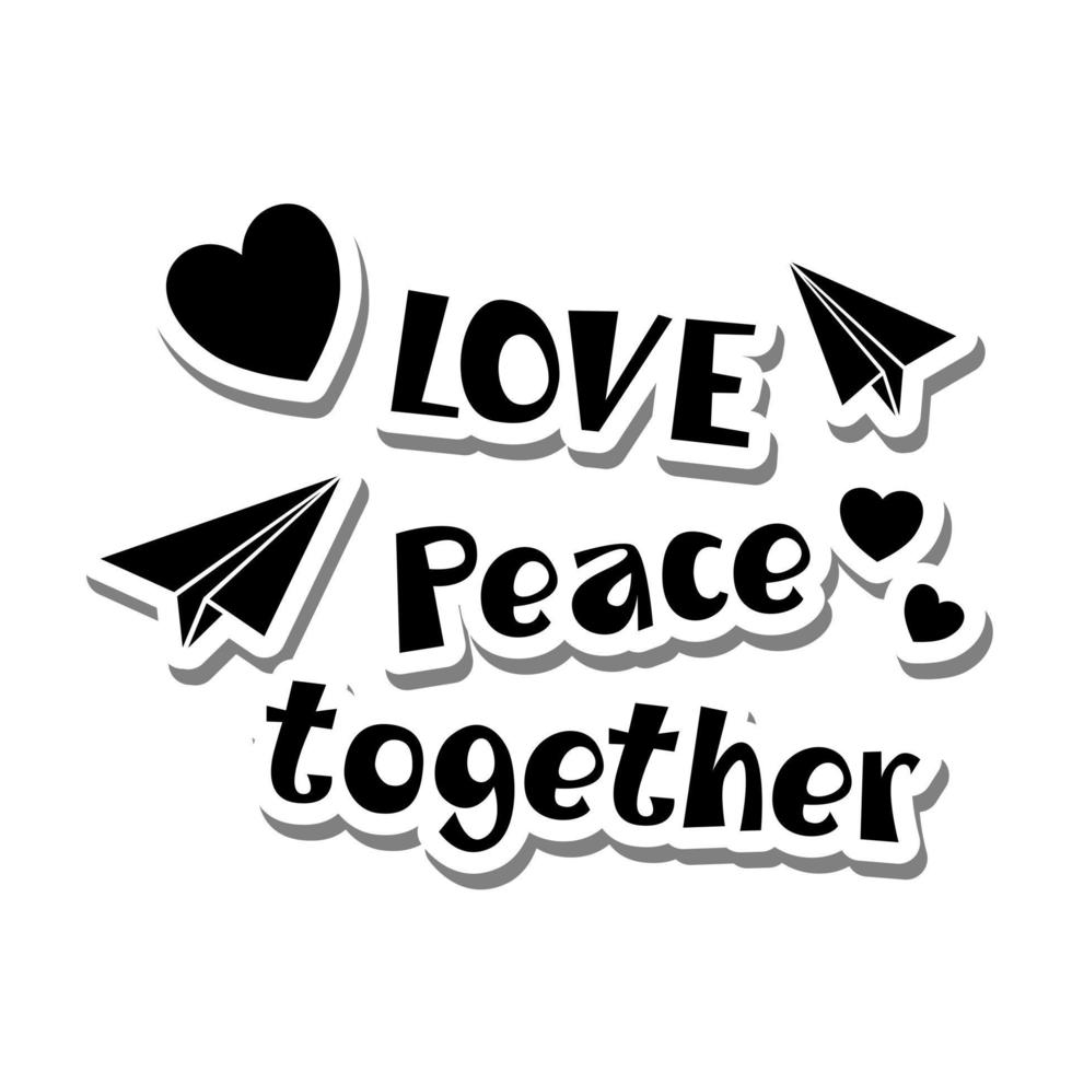 avião de papel e corações com letras 'amor paz juntos'. ilustração vetorial para anti-guerra. vetor