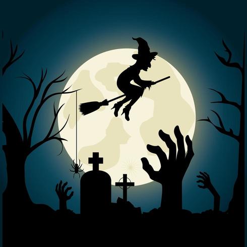 Feliz dia das bruxas festival festa design com bruxa sobre cemitério vetor