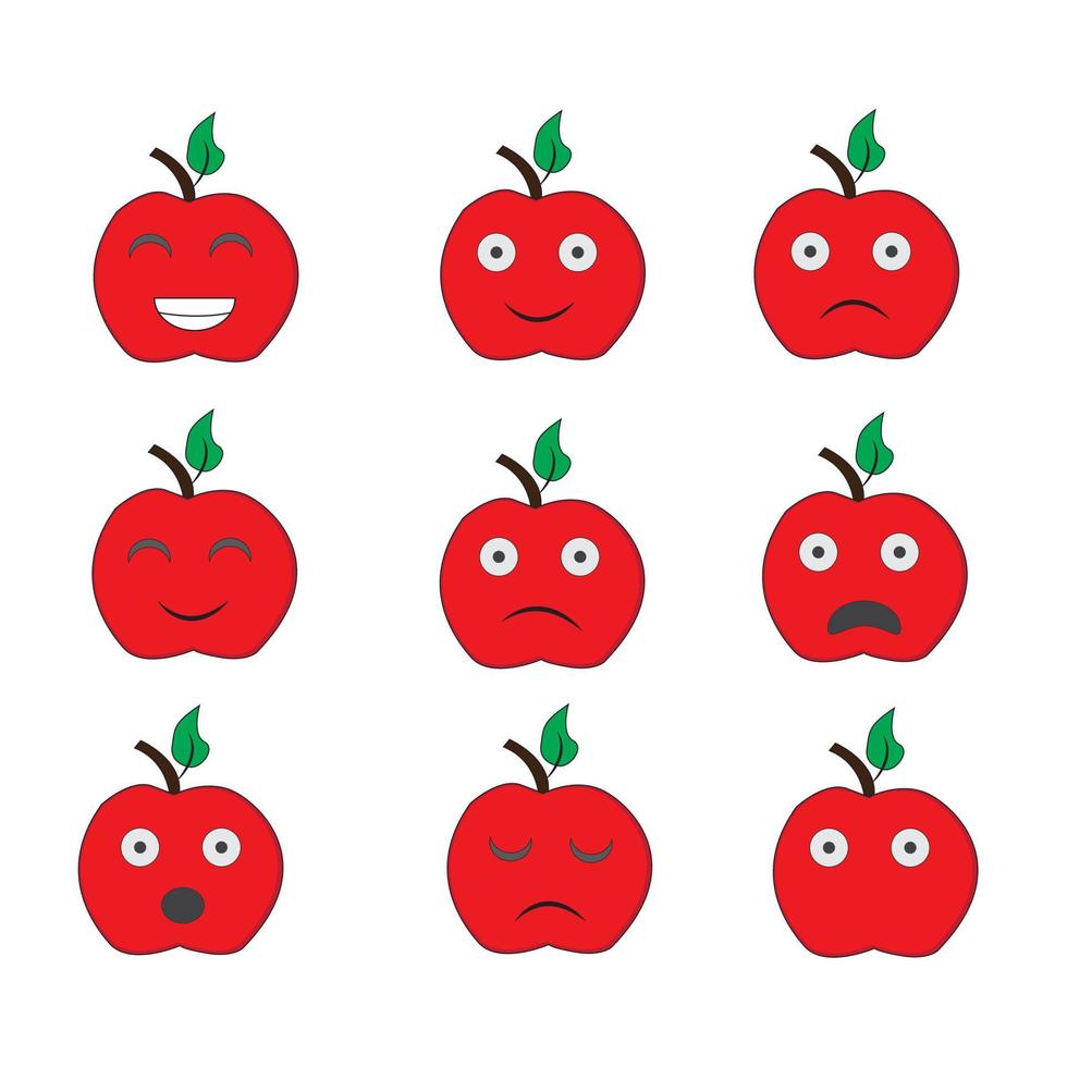 conjunto de 9 emoticons planos modernos de maçã vermelha bonito dos desenhos animados com emoções diferentes. vetor