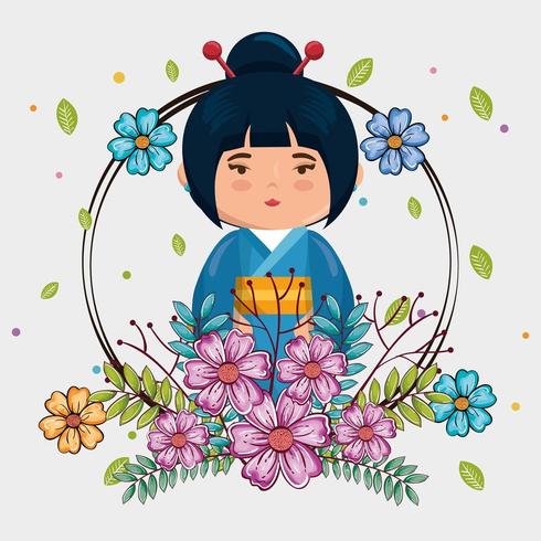 menina japonesa kawaii com flores vetor
