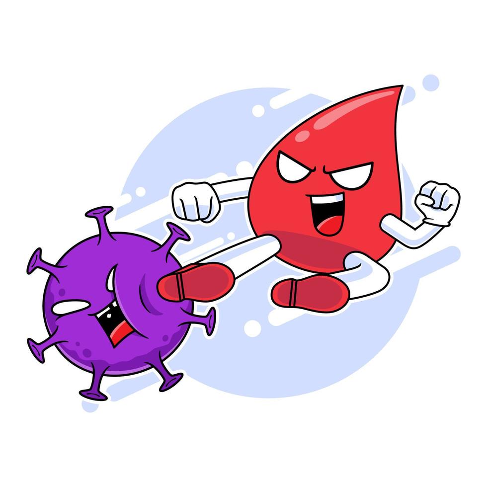 personagem de mascote de sangue vermelho chutando o vírus corona, luta contra o conceito de vírus vetor