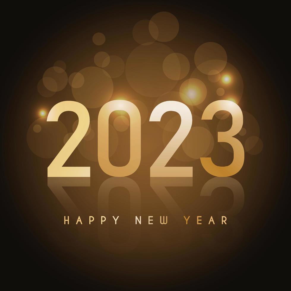 Cartão de feliz ano novo de 2023. ilustração vetorial com símbolo dourado e efeito bokeh em fundo escuro. cartão de férias. vetor