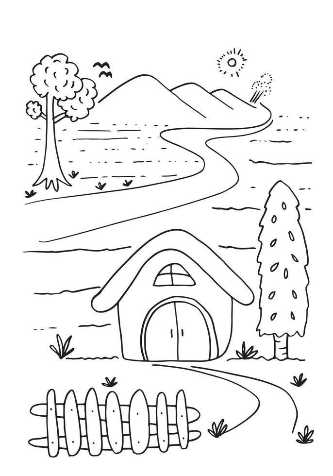 Prado bonito dos desenhos animados com montanhas, plantas, casa e sol. vetor