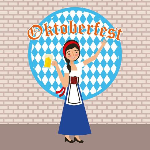 Sinal de Oktoberfest com mulher segurando caneca de cerveja vetor