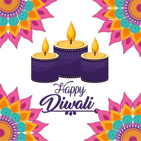 diwali velas lits com flores de mandalas vetor