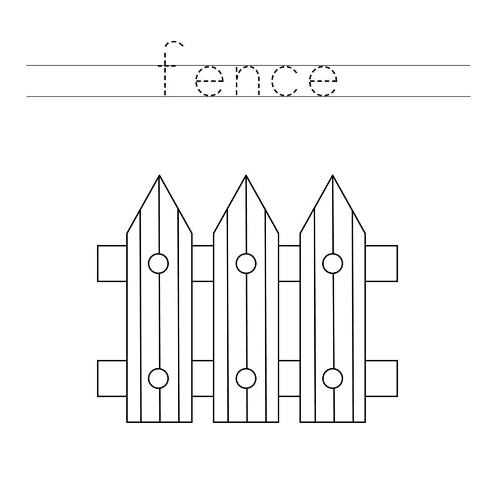 trace as letras e a cerca dos desenhos animados de cor. prática de caligrafia para crianças. vetor