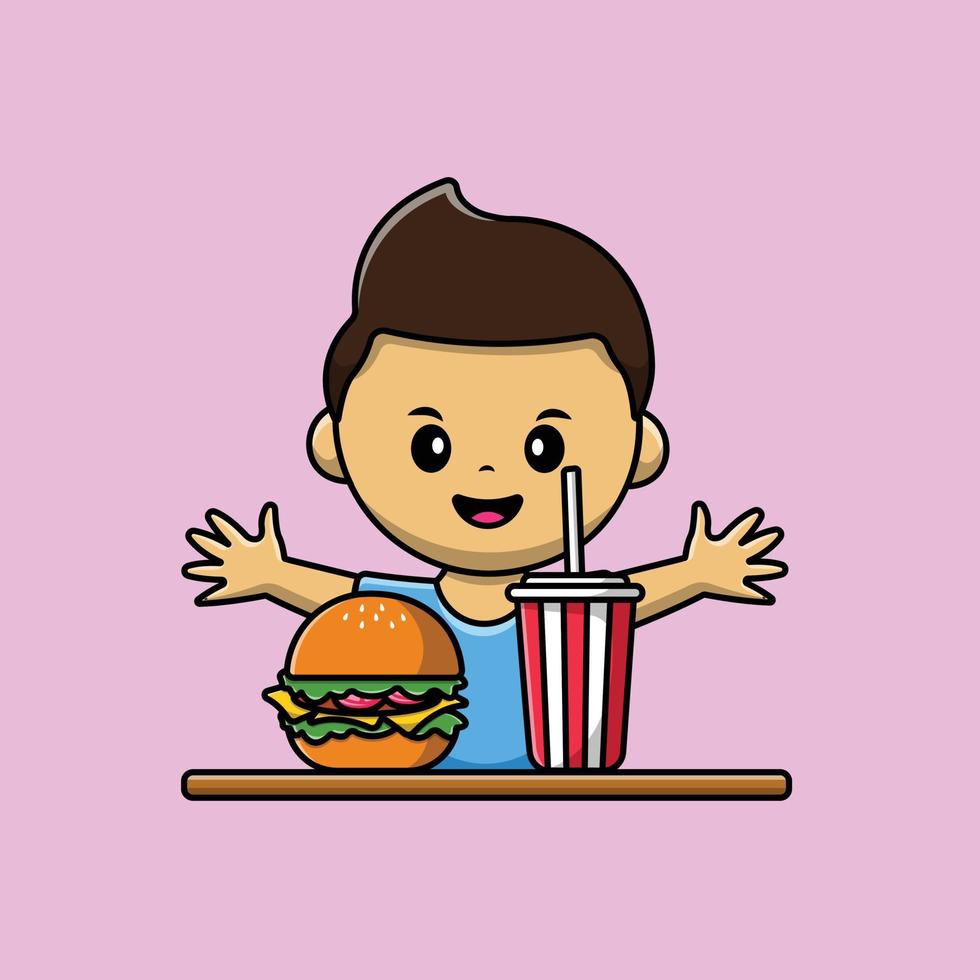 menino bonito com ilustração de ícone de desenho vetorial hambúrguer e refrigerante. conceito de ícone de comida de pessoas isolado vetor premium. estilo de desenho animado plano