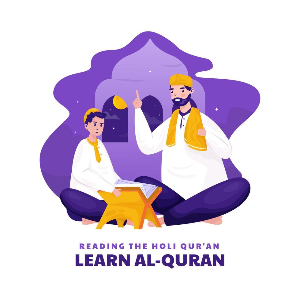 design plano o menino aprende o conceito sagrado al-quran vetor