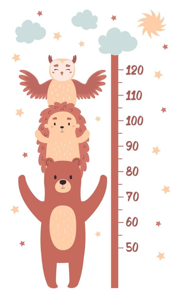 gráficos de altura para design de quarto infantil. medidor de crescimento infantil com animais engraçados vetor
