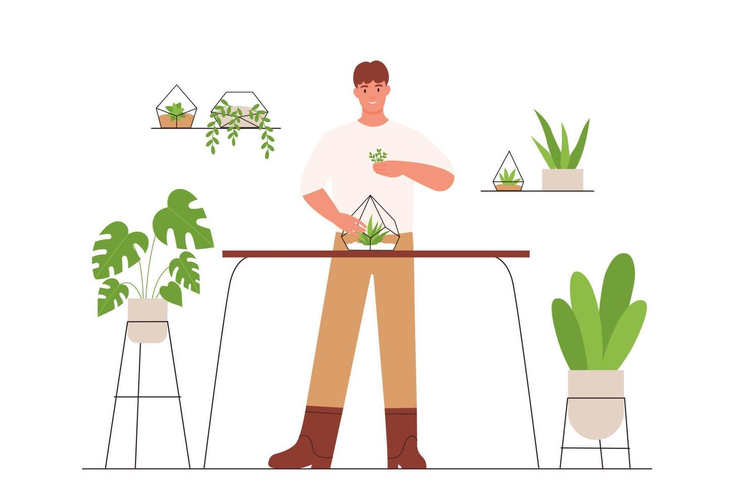 homem feliz coleta florarium. florista cuidando de plantas. jardim doméstico, estufa, jardinagem, loja de plantas de casa. ilustração vetorial plana vetor