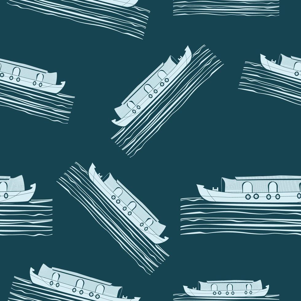 vista lateral monocromática plana editável ilustração em vetor casa-barco keralan indiano no padrão sem costura escuro de lago ondulado para criar plano de fundo de transporte ou recreação do sudoeste da índia